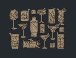 Art deco cocktails set drawing in line style with fill gold on dark background vector