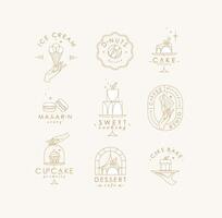 Bakery dessert labels with lettering in art deco style drawing with white on beige background vector