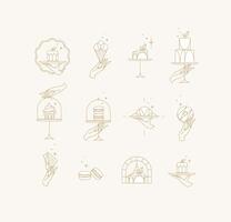 Desserts on cake stand in art deco style labels drawing with white on beige background vector