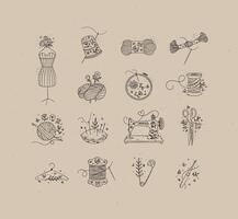 Sewing item icons scissors, mannequin, pin, thimble, wool, threads, yarn, skein, bobbin, pillow, sewing machine, hanger, embroidery circle hook drawing in floral style on coffee color background vector