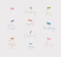 Set of animals mini floral graphic signs bear, fish, monkey, fox, pig, dog, rabbit, elephant, cheetah, lion with lettering drawing with color on dirty background vector