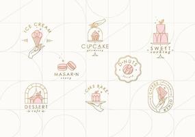 Bakery dessert labels with lettering in art deco style drawing on beige background vector