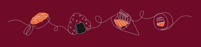 Asian food sushi and roll nigiri, onigiri, temaki, maki panorama set drawing in linear style on red background. vector