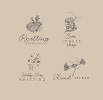 Sewing elements skein of thread, thimble, yarn, wool, crochet with lettering drawing in floral style on coffee color background vector
