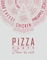 Poster featuring slices of various pizzas, chicken, seafood, pepperoni, cheese, margherita with recipes and names showcased in pizza party time to eat lettering, drawn with red on a grey background. vector