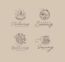 Sewing labels pillow with needles, embroidery circle, ball and skein of thread with lettering drawing in floral style on coffee color background vector