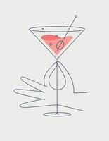 Hand holding glass of cosmopolitan cocktail drawing in flat line style vector