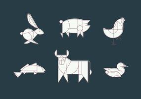 Animals rabbit, pig, chicken, fish, cow, duck drawing in art deco linear style on blue background vector