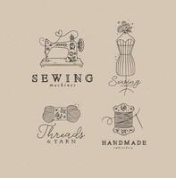 Sewing symbols machine, mannequin, wool, thread with lettering drawing in floral style on coffee color background vector