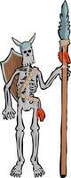 Cartoon skeleton warrior in a helmet with a spear and a shield over his shoulders. illustration bone warrior with a pike made of wood and metal also has head protection from blows and a wooden vector