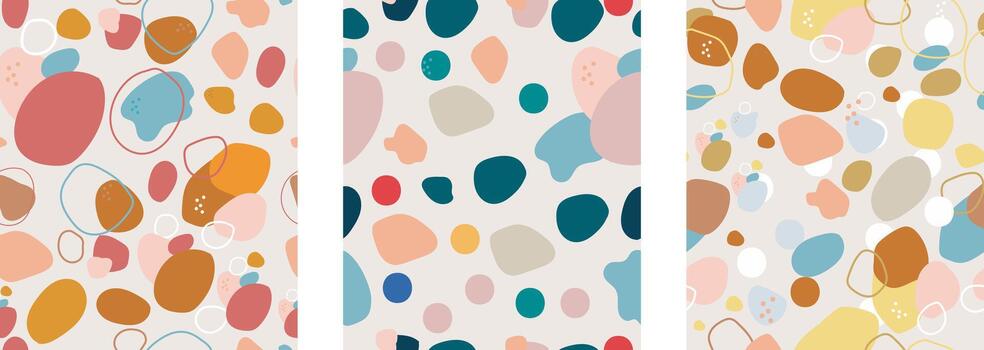 Set of 3 abstract seamless patterns with different hand drawn shape vector