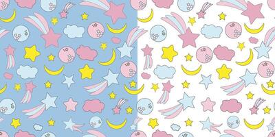 hand drawn cute seamless pattern with stars, moon, planet vector