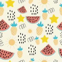Colorful seamless summer pattern with hand drawn Watermelon, pineapple, sun. Fashion print design, illustration vector