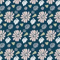 Seamless floral pattern pretty flower and leaves on a blue dark background. vector