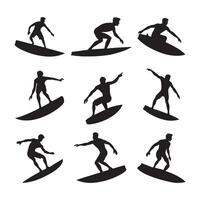 A set of silhouettes of a surfer surfing on his surfboard isolated on white background vector