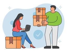 Girl working on laptop while checking delivery order illustration vector
