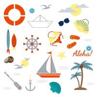 Summer set, sea and ocean elements, yacht and seagull, beach clothes, paddle, anchor and steering wheel. Stickers for Hawaiian, Aloha party. vector