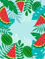 Botanical frame with tropical leaf and piece of watermelon fruit in flat style. Vertical background with plants and leaves. vector