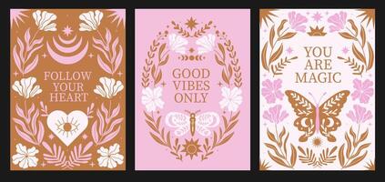 Abstract bohemian mystic background with motivational phrase. Set of poster with magic butterfly branch plant. Pink and gold colors vector