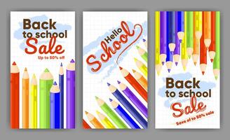 Back to school concept banners set design with colored pencils and text. Colorful back to school templates for sale banner,invitation,poster,social media promotion. Education, learning concept vector