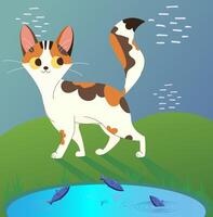 Cute Cat is walking near a Water pond, fish are swimming in the water. Flat illustration simple vector