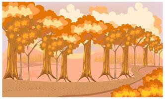 Landscape of forest path in autumn with orange gold trees. Background illustration in vector