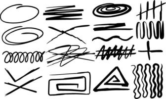 Swirl Grunge, charcoal scribbles, rough brush strokes, underlines and circles. Bold charcoal freehand stripes and ink textures. Crayon or marker scribbles. illustration vector