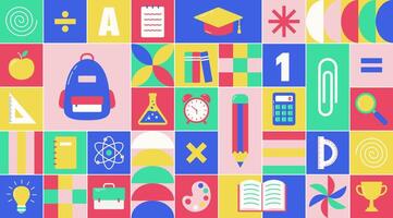 Modern colorful geometric background with school supplies and shapes. Back to school pattern and mosaic design. illustration vector