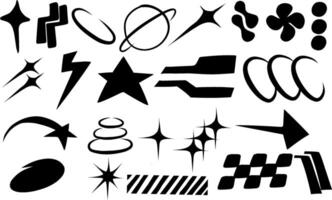 Set of Y2K bling retro elements and abstract brutalism shapes hand drawn. Hipster graphic objects for logo, icon, web design. Modern illustration isolated on white background vector