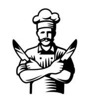 chef in hat with knives. Man with cook uniform vector