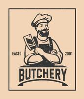Butcher logo with text. Man with beard and large knife vector