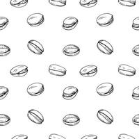Pistachios nuts seamless pattern. Hand drawn engraved repeating background with nuts. Organic food ingredient, nutty oil. Design for label, card, print, paper, wrapping, textile vector