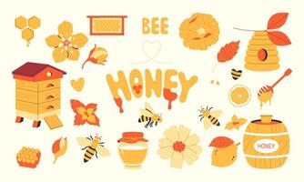 Beekeeping set of hand drawn elements. Honey, hive, apiary, bees, honeycombs vector