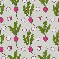 Seamless pattern with radish. Hand drawn repeating background with whole, half and slice of engraved red radish. Food illustration for label, card, print, paper, textile, wrapping, banner vector