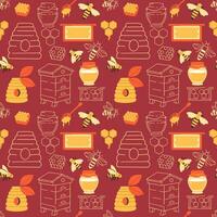 Honey and bees outline seamless pattern on dark background vector