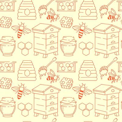 beekeeping outline seamless pattern on light background. Honey background