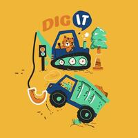 A tiger and a crocodile helping each other using heavy machinery vector