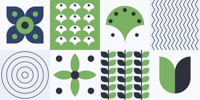 Bauhaus plants in a flat style, tiles pattern design, wallpaper with petals, leaves, geometric forms and shapes. illustration. vector