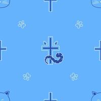 Blue seamless pattern with christian cross and cat themed elements vector