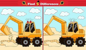 Find 5 differences game for children with yellow track-type excavator vector