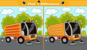 Find 5 differences game for children with sweeping truck vector