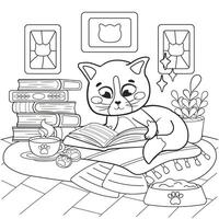 Coloring page for kids with kawaii cat character reading book vector