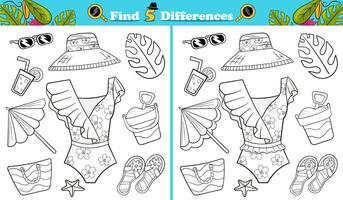 Coloring page find 5 differences game for children with summer themed objects vector