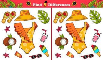 Find 5 differences game for children with summer themed objects vector