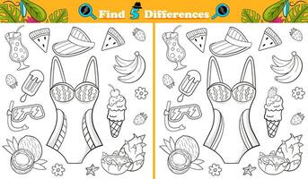 Black and white coloring page find 5 differences game for children with summer objets vector
