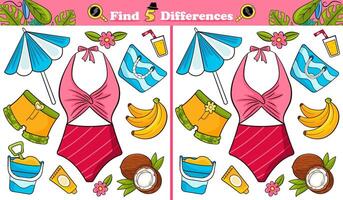 Find 5 differences game with pink beach swimwear vector