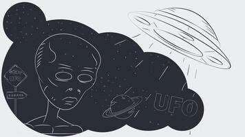 contour black and white illustration portrait of an alien on the background of a flying UFO vector