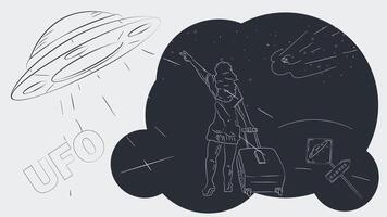 contoured black and white illustration of a girl with a suitcase on wheels voting a UFO flying by vector