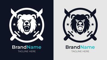 A simple black and white silhouette logo of an angry bear head with open mouth, showing fangs and protruding tongue. Behind it, two crossed swords and a surrounding circle vector