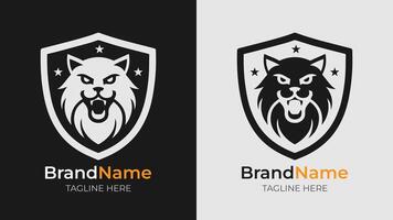 Simple black and white silhouette logo of an angry cat head inside a shield, showing fangs and adorned with three small stars above. vector